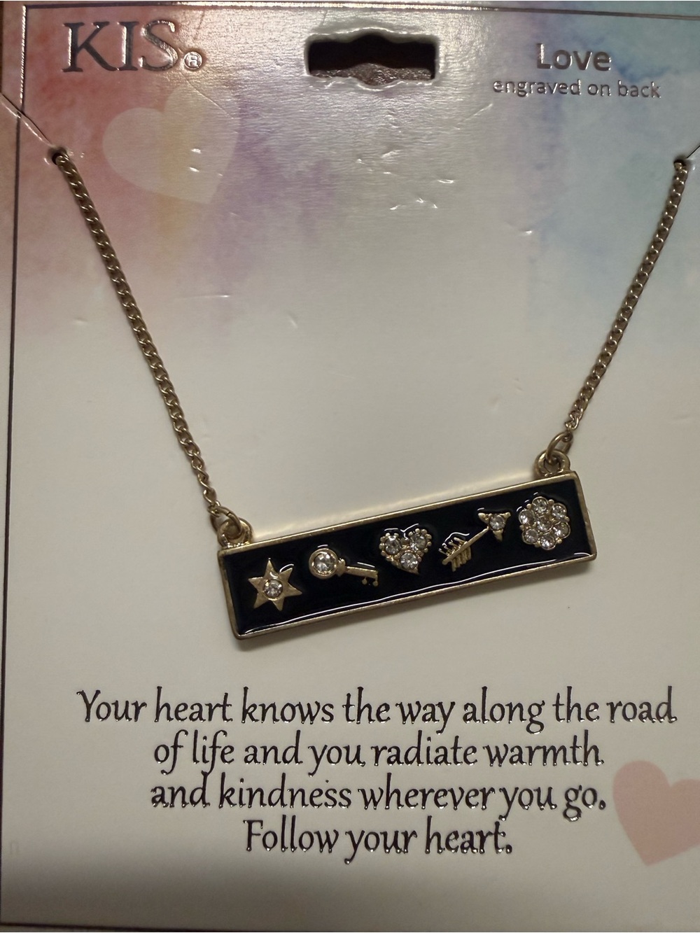 Gold-Tone Black Enamel Pendant Necklace with Crystal Accents